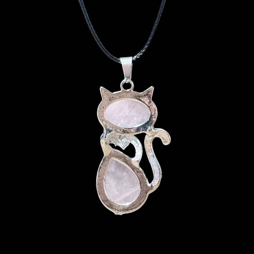 Rose Quartz Crystal Cat Pendant Black Cord Necklace - Picture 2 of 3